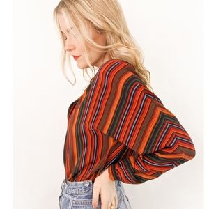 80s Silk Multicolored Stripe Long Sleeve Blouse